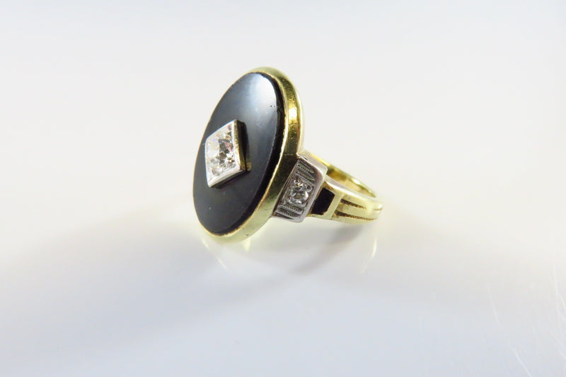 Art Deco 14K Gold Onyx Plaque Ring w/ Diamonds Onyx Size 4