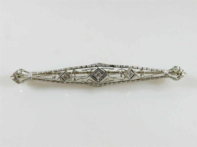 14K Art Deco White Gold Diamond Pierced Filigree Bar Bin Brooch 2 1/4" product image for Just Stuff I Sell, clear front view, neutral background, original listing photo, optimized descriptive alt text, centered composition