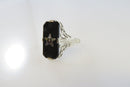 Art Deco 14K White Gold Onyx Plaque Eastern Star Filigree Ring Size 4