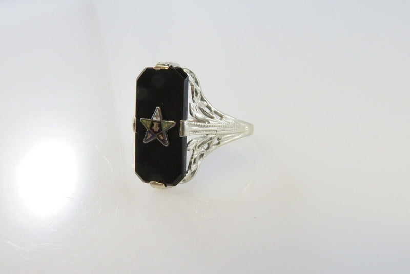 Art Deco 14K White Gold Onyx Plaque Eastern Star Filigree Ring Size 4