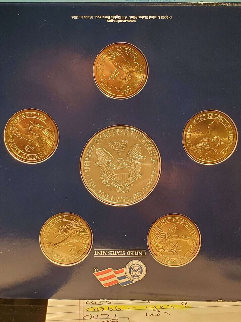 2008 W US Mint Annual Uncirculated Dollar Set W/ Burnished Silver Eagle product image for Just Stuff I Sell, clear front view, neutral background, original listing photo, optimized descriptive alt text, centered composition variant 6