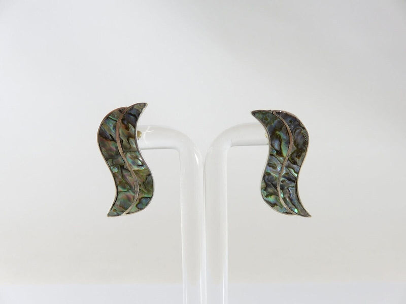 Vintage Modernist Wavy Abalone & Sterling G Taxco Mexico Silver Screw Back Earrings product image for Just Stuff I Sell, clear front view, neutral background, original listing photo, optimized descriptive alt text, centered composition