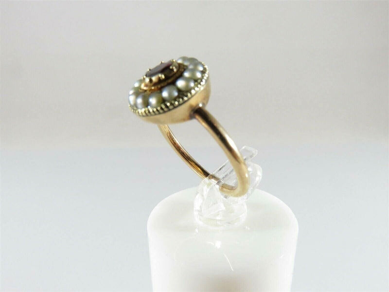Georgian 14K Gold Garnet & Pearl Cluster Ring Antique Size 5.5