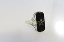 Art Deco 14K White Gold Onyx Plaque Eastern Star Filigree Ring Size 4