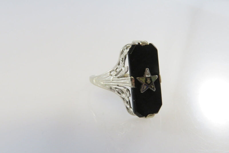 Art Deco 14K White Gold Onyx Plaque Eastern Star Filigree Ring Size 4