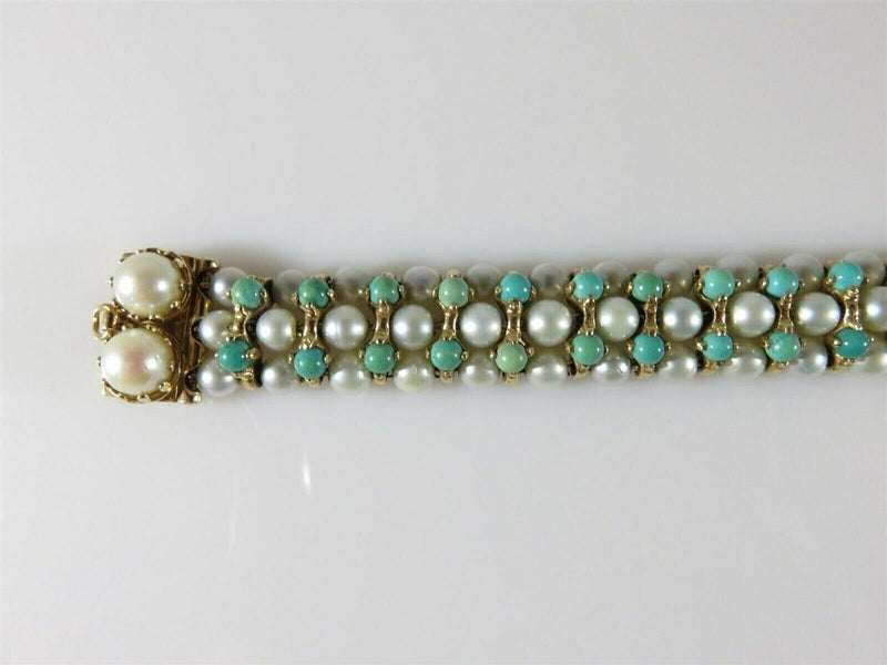 Beautiful 83 Pearl 52 Turquoise 7" TL Bracelet 14K Yellow Gold Setting 33.4 Gram product image for Just Stuff I Sell, clear front view, neutral background, original listing photo, optimized descriptive alt text, centered composition variant 5