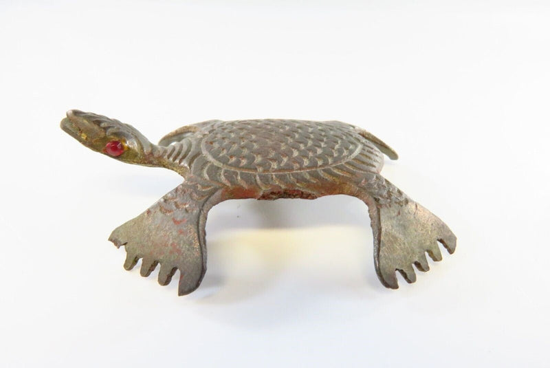 Small Brass Turtle with Little Red Eyes and Scratchy Paws / Vintage