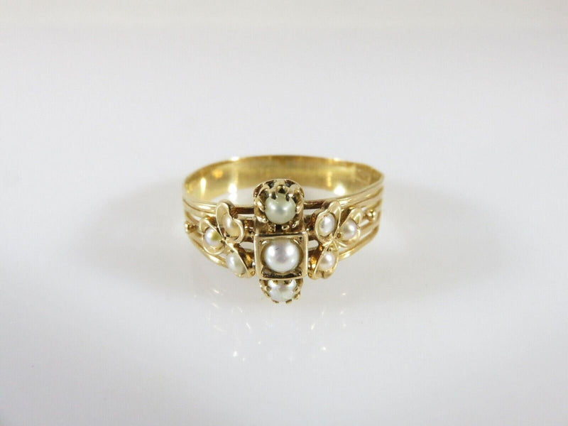 Victorian 18K Yellow Gold Three-Leaf Clover Seed Pearl Ring Size 8