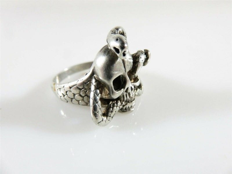 Silver Tone Artisan Signed Biker Skull Ring Size 6.75 Unisex Snake Skull Ring product image for Just Stuff I Sell, clear front view, neutral background, original listing photo, optimized descriptive alt text, centered composition variant 11