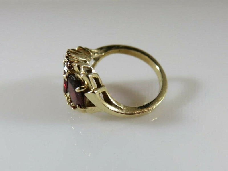 14K Gold Ring with 3 Oval Garnets & 6 Round Garnet Accents Mid-Century Sz 5