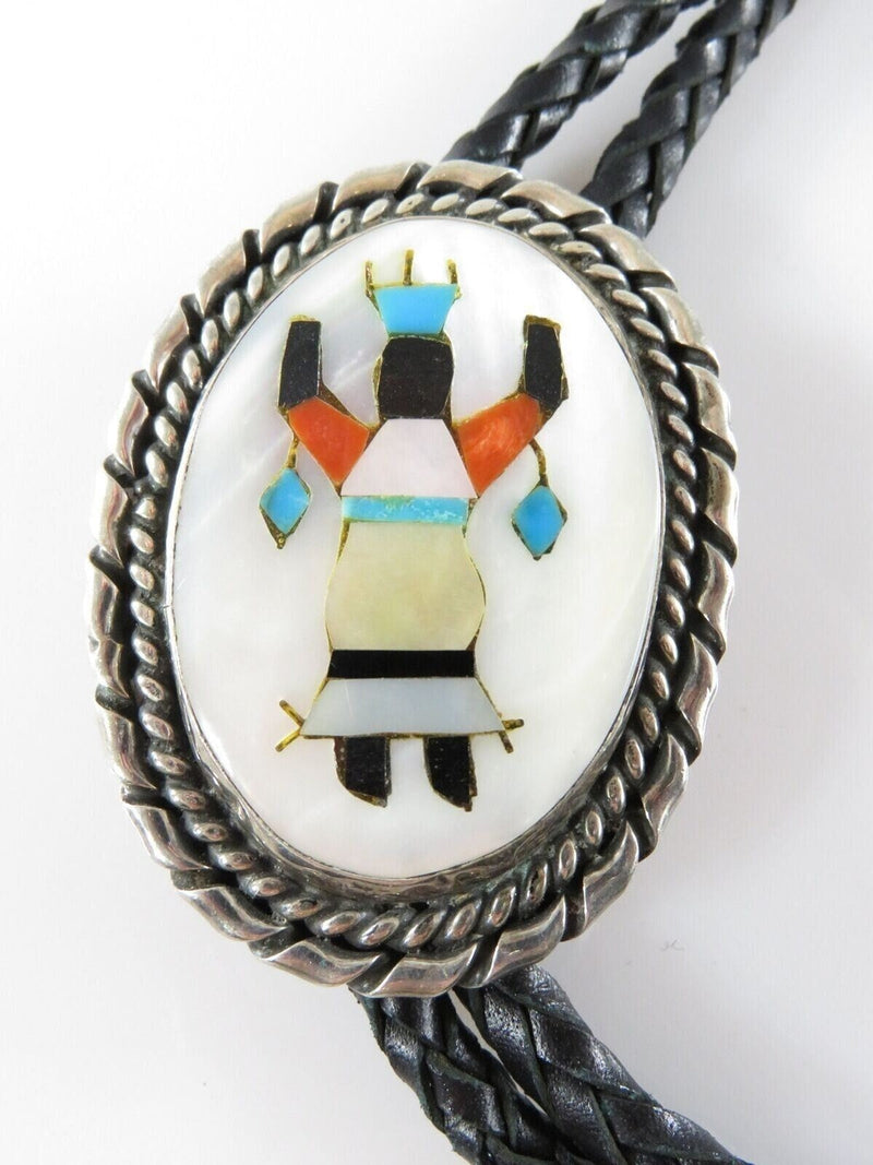 Circa 1960 Zuni Apache Ghan Crown Dancer Inlaid Sterling Silver Bolo Tie Bennett product image for Just Stuff I Sell, clear front view, neutral background, original listing photo, optimized descriptive alt text, centered composition variant 2