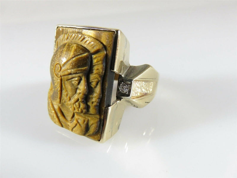 Carved Roman Soldiers In Profile 10K Gold Tigers Eye Diamond Ring Size 11.5 product image for Just Stuff I Sell, clear front view, neutral background, original listing photo, optimized descriptive alt text, centered composition