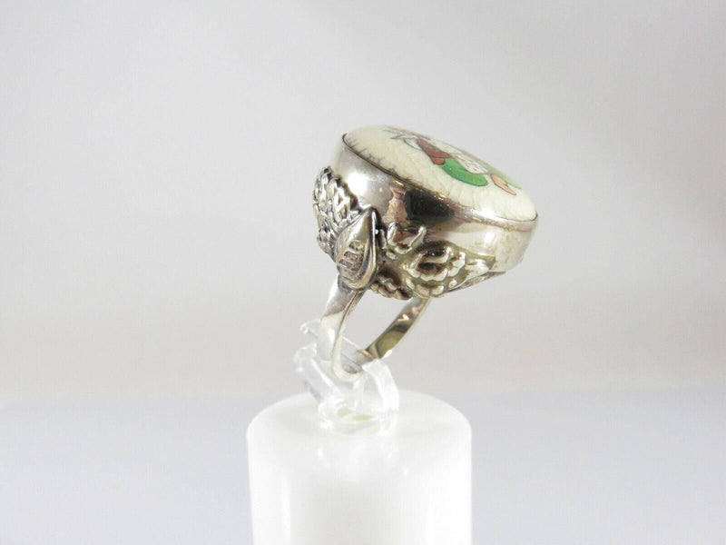 Japanese Satsuma Deity God of Fortune Hand Painted Button Ring Sterling product image for Just Stuff I Sell, clear front view, neutral background, original listing photo, optimized descriptive alt text, centered composition variant 8