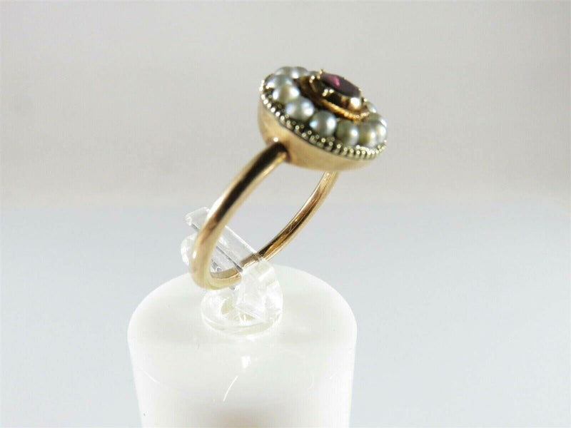 Georgian 14K Gold Garnet & Pearl Cluster Ring Antique Size 5.5
