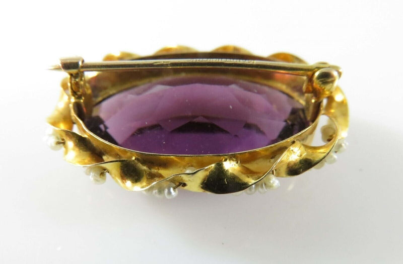 Art Nouveau Style 10K Seed Pearl Wrapped Purple Glass Brooch Pin by Marathon