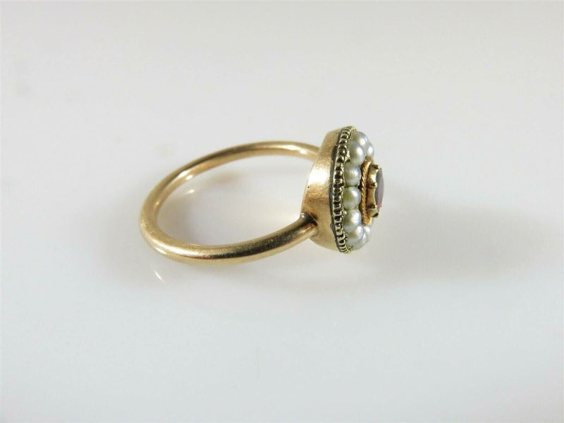 Georgian 14K Gold Garnet & Pearl Cluster Ring Antique Size 5.5