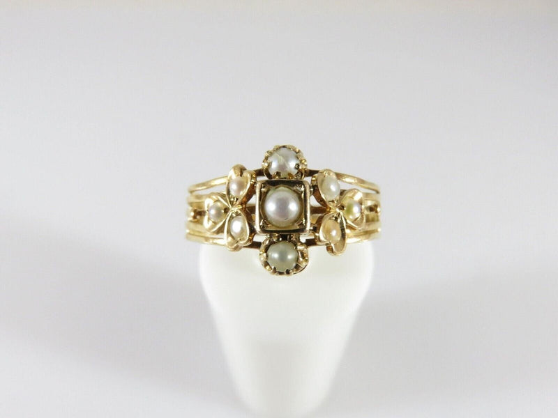 Victorian 18K Yellow Gold Three-Leaf Clover Seed Pearl Ring Size 8