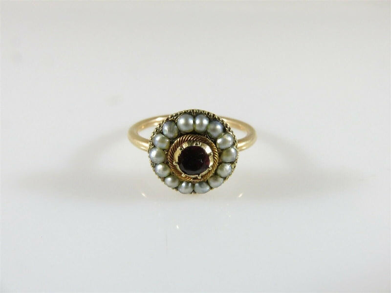 Georgian 14K Gold Garnet & Pearl Cluster Ring Antique Size 5.5