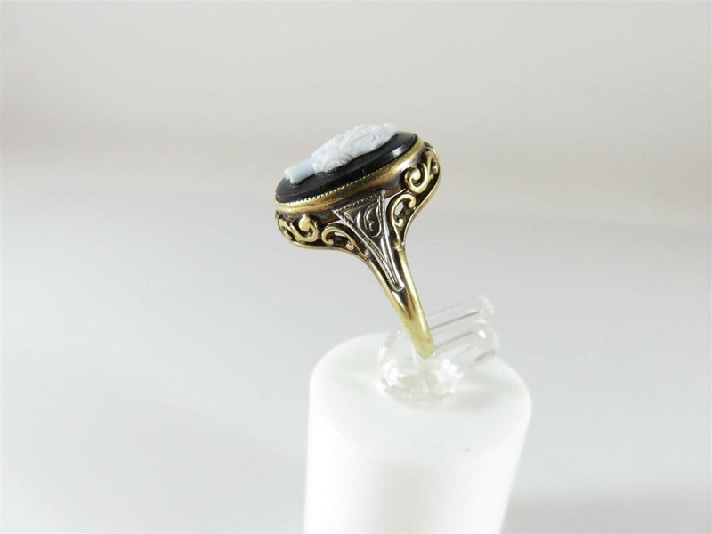 Antique 14K Gold Onyx Cameo Ring Art Nouveau Edwardian Style Size 5.5