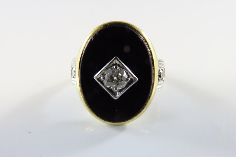 Art Deco 14K Gold Onyx Plaque Ring w/ Diamonds Onyx Size 4