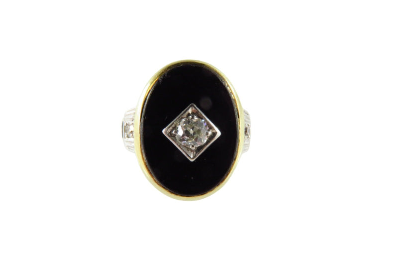 Art Deco 14K Gold Onyx Plaque Ring w/ Diamonds Onyx Size 4