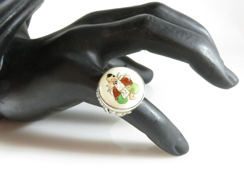 Japanese Satsuma Deity God of Fortune Hand Painted Button Ring Sterling product image for Just Stuff I Sell, clear front view, neutral background, original listing photo, optimized descriptive alt text, centered composition