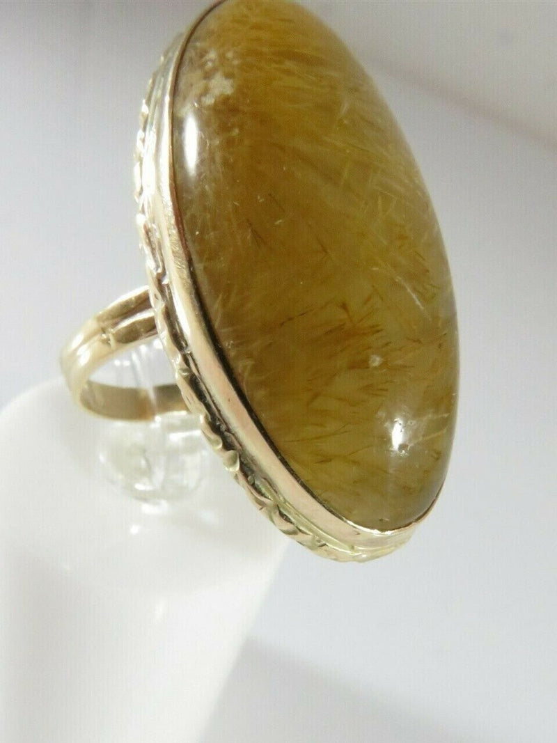 Vintage Mid-Century 10K Gold Rutilated Quartz Cabochon Ring Size 7