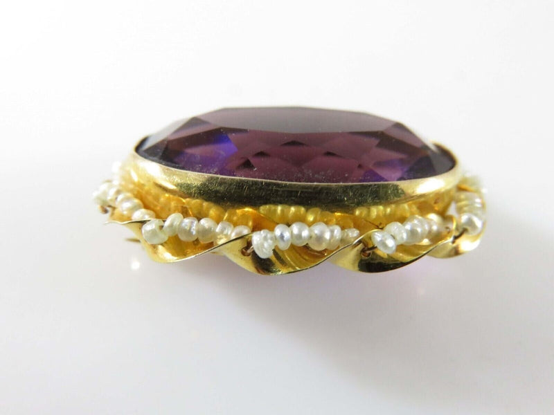 Art Nouveau Style 10K Seed Pearl Wrapped Purple Glass Brooch Pin by Marathon