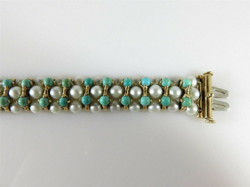 Beautiful 83 Pearl 52 Turquoise 7" TL Bracelet 14K Yellow Gold Setting 33.4 Gram product image for Just Stuff I Sell, clear front view, neutral background, original listing photo, optimized descriptive alt text, centered composition variant 7