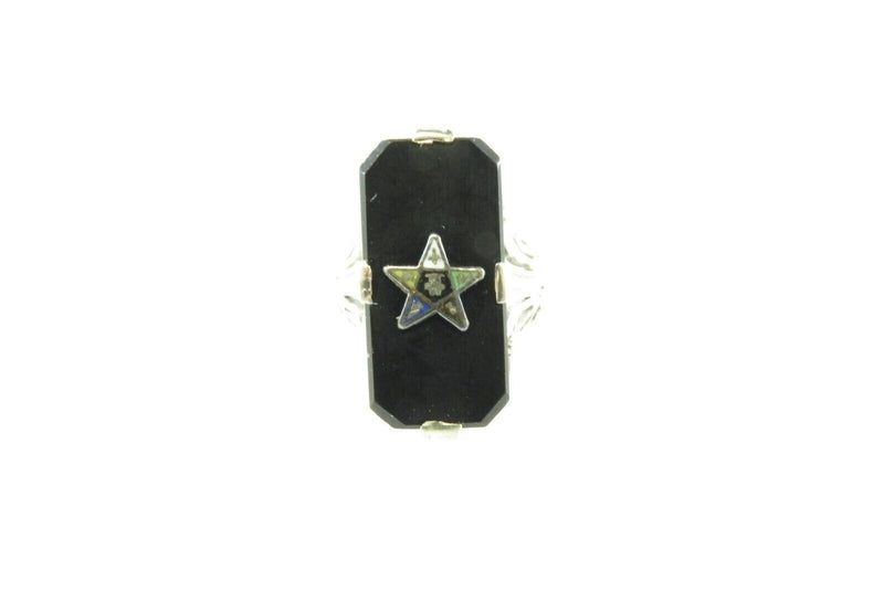 Art Deco 14K White Gold Onyx Plaque Eastern Star Filigree Ring Size 4