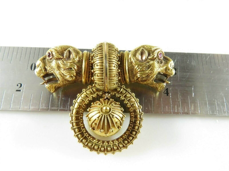 Victorian Double Griffin Brooch Ruby Eyes Archaeological Revival Style Gold