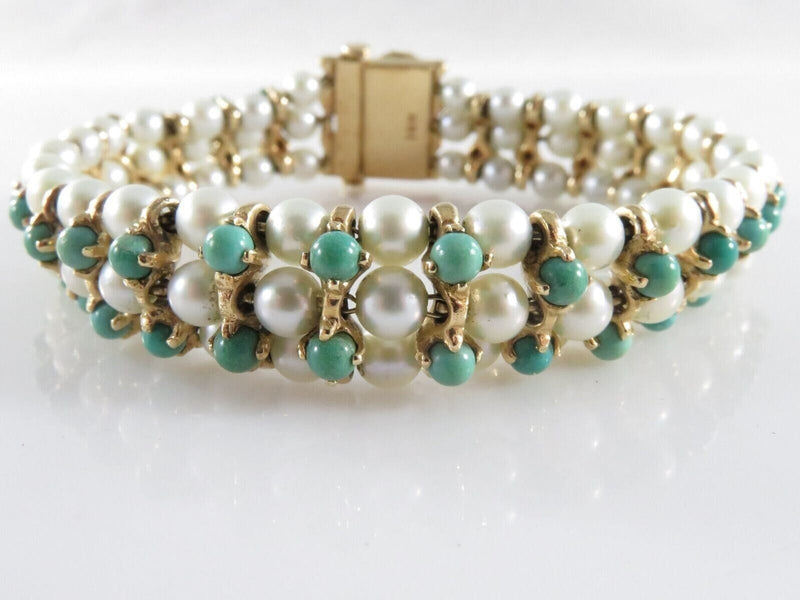 Beautiful 83 Pearl 52 Turquoise 7" TL Bracelet 14K Yellow Gold Setting 33.4 Gram product image for Just Stuff I Sell, clear front view, neutral background, original listing photo, optimized descriptive alt text, centered composition