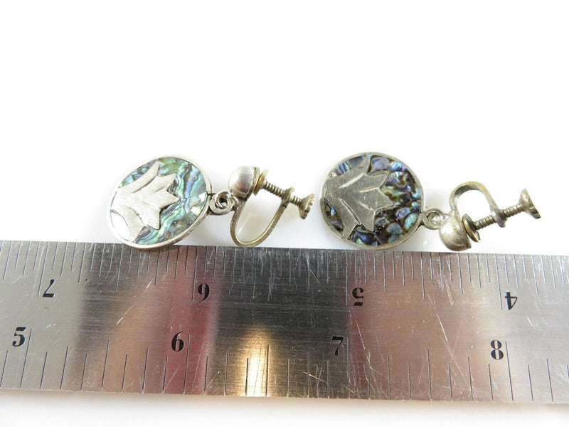 Figural Palm Leaf Disc Abalone & Sterling Taxco Mexico VKE Silver Screw Back Earrings product image for Just Stuff I Sell, clear front view, neutral background, original listing photo, optimized descriptive alt text, centered composition variant 9