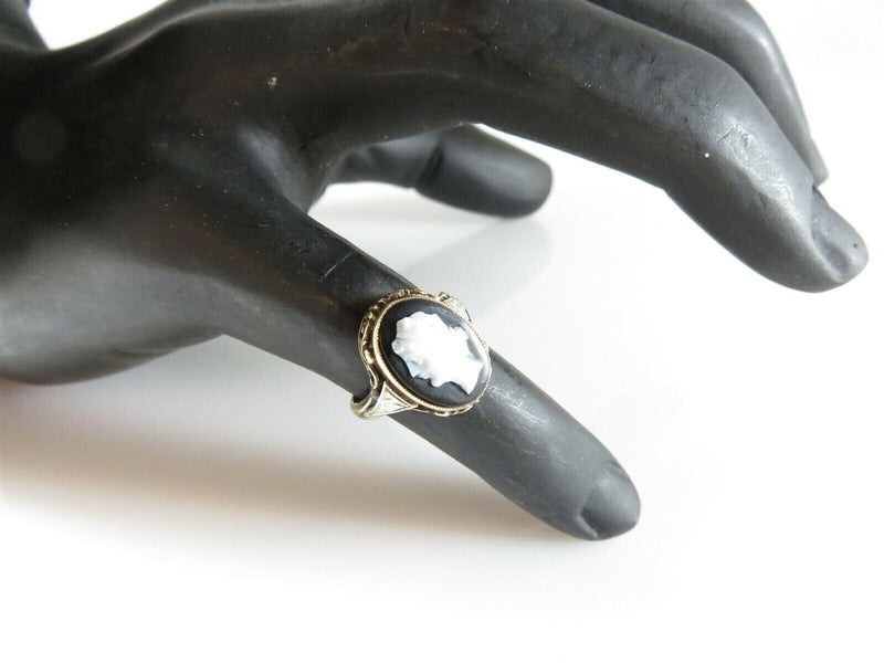Antique 14K Gold Onyx Cameo Ring Art Nouveau Edwardian Style Size 5.5