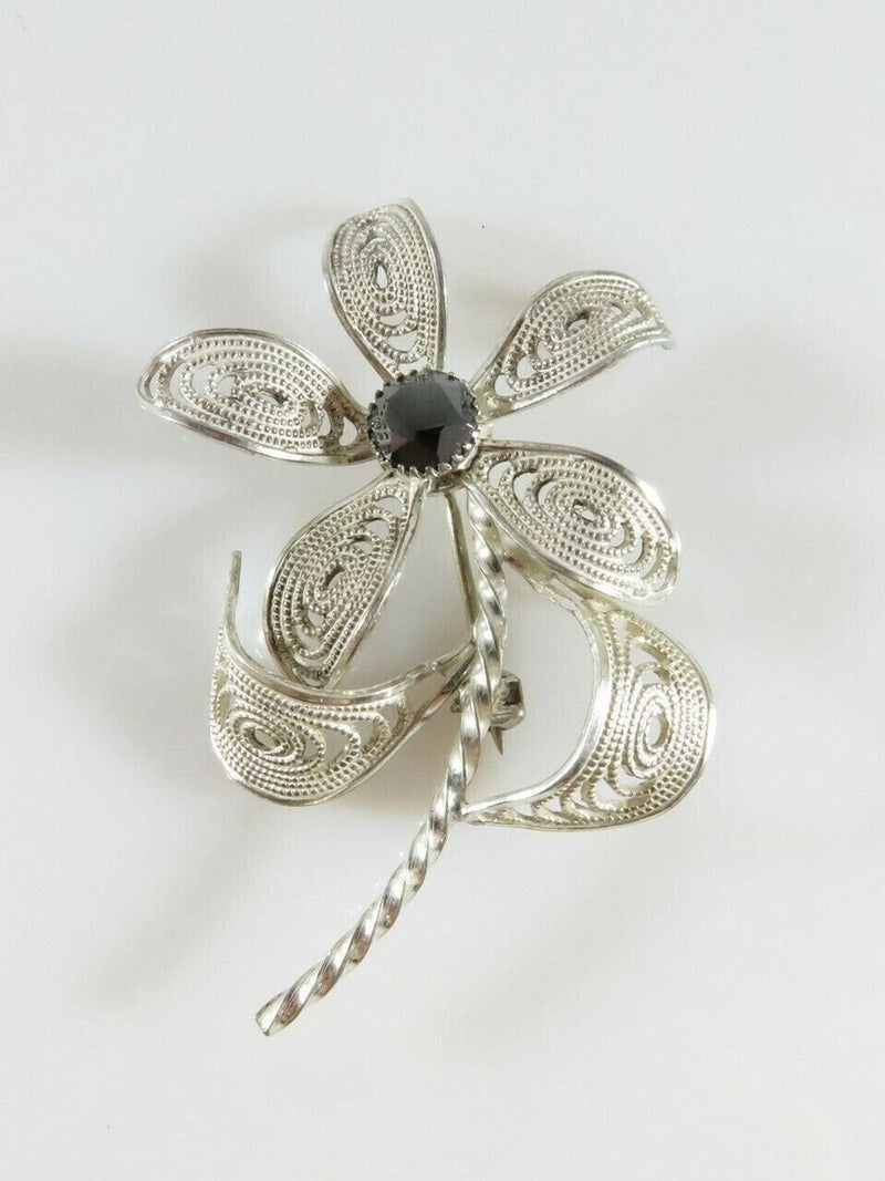 Lovely Sterling Silver Wire Filigree Twisted Wire Brooch Faceted Hematite Stone product image for Just Stuff I Sell, clear front view, neutral background, original listing photo, optimized descriptive alt text, centered composition