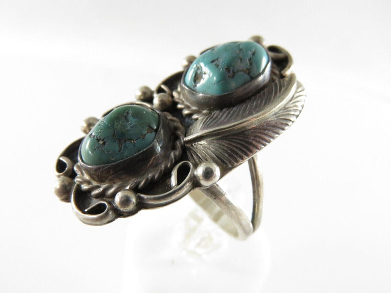 Old Pawn Navajo Double Turquoise Scrolling Feather Finger Ring Size 8.75 product image for Just Stuff I Sell, clear front view, neutral background, original listing photo, optimized descriptive alt text, centered composition variant 3
