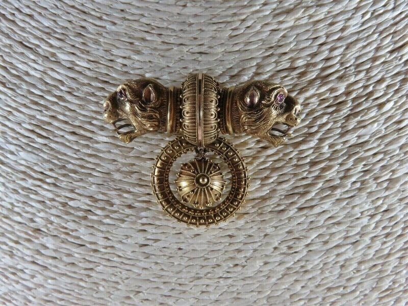 Victorian Double Griffin Brooch Ruby Eyes Archaeological Revival Style Gold