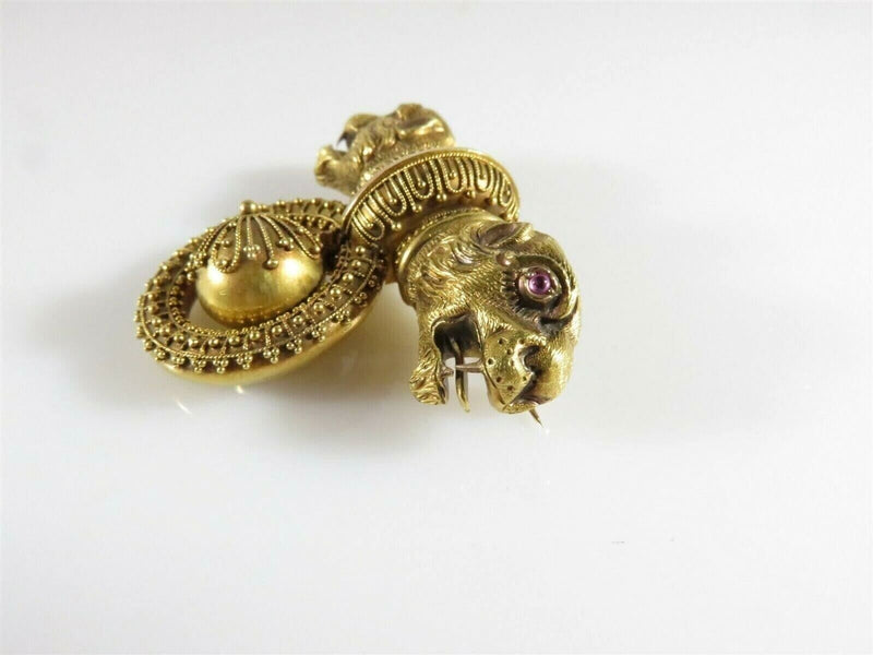 Victorian Double Griffin Brooch Ruby Eyes Archaeological Revival Style Gold