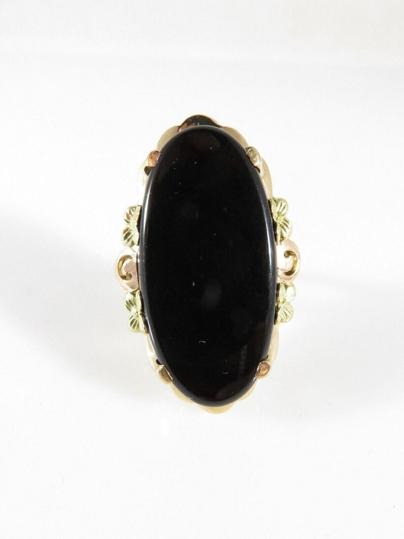 10K Gold Victorian Revival Onyx Plaque Ring Bold Flower Statement Size 6.5