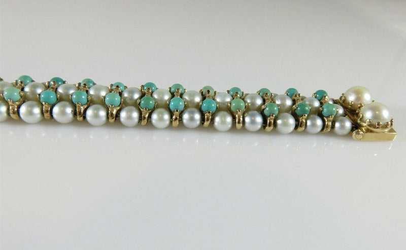 Beautiful 83 Pearl 52 Turquoise 7" TL Bracelet 14K Yellow Gold Setting 33.4 Gram product image for Just Stuff I Sell, clear front view, neutral background, original listing photo, optimized descriptive alt text, centered composition variant 10