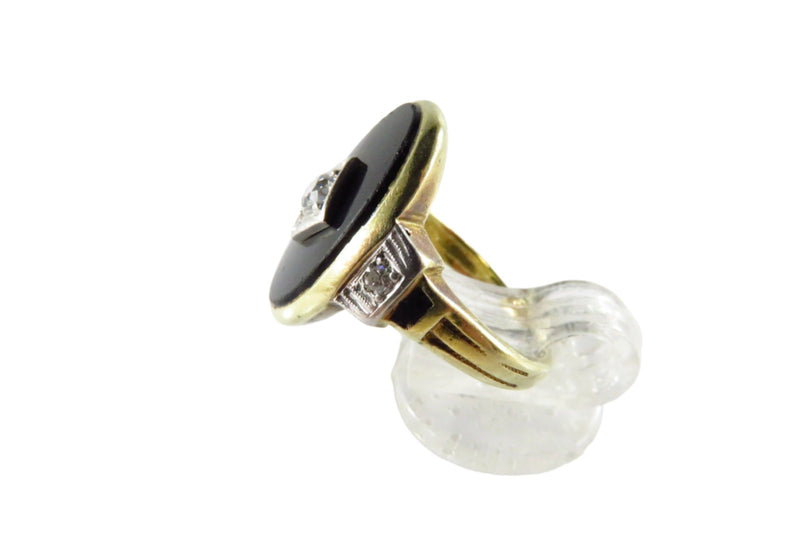Art Deco 14K Gold Onyx Plaque Ring w/ Diamonds Onyx Size 4