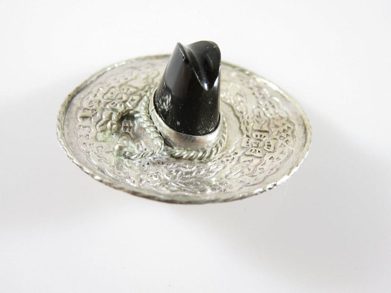 Fancy Sombrero Pin Brooch Sterling Silver & Onyx 925 Marked JE Hat Floral Design product image for Just Stuff I Sell, clear front view, neutral background, original listing photo, optimized descriptive alt text, centered composition variant 6