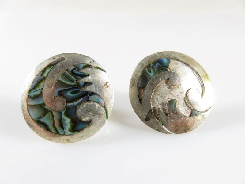 Modernist Round Free Form inlaid Abalone & Sterling NA Taxco Mexico Screw Back Earrings product image for Just Stuff I Sell, clear front view, neutral background, original listing photo, optimized descriptive alt text, centered composition