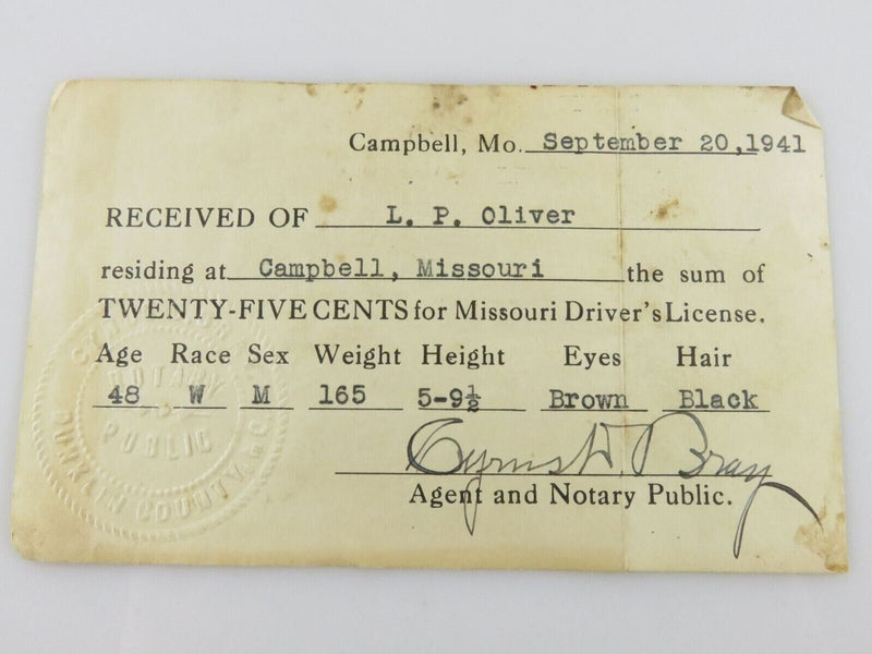 Sept 20 1941 State of Missouri Driver's License for L.P. Oliver Campbell MO product image for Just Stuff I Sell, clear front view, neutral background, original listing photo, optimized descriptive alt text, centered composition