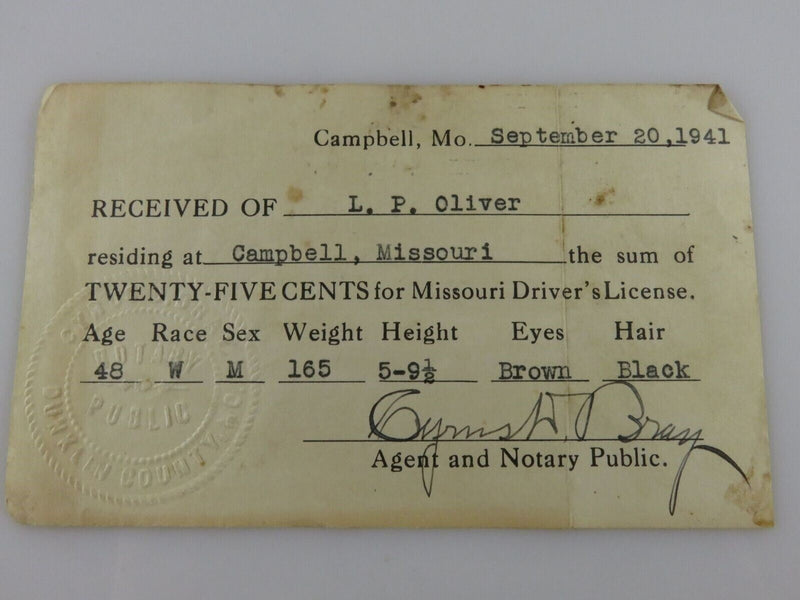 Sept 20 1941 State of Missouri Driver's License for L.P. Oliver Campbell MO product image for Just Stuff I Sell, clear front view, neutral background, original listing photo, optimized descriptive alt text, centered composition variant 2