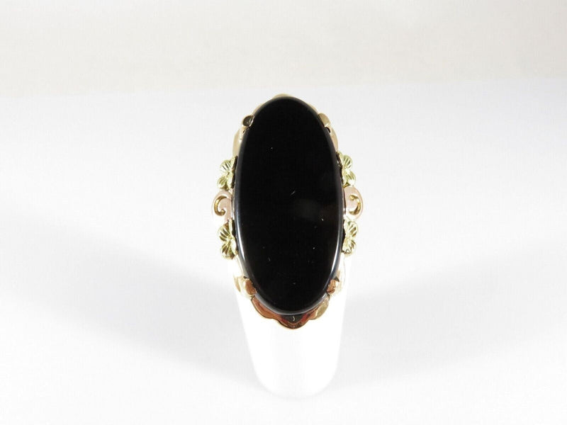 10K Gold Victorian Revival Onyx Plaque Ring Bold Flower Statement Size 6.5