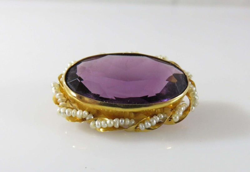 Art Nouveau Style 10K Seed Pearl Wrapped Purple Glass Brooch Pin by Marathon