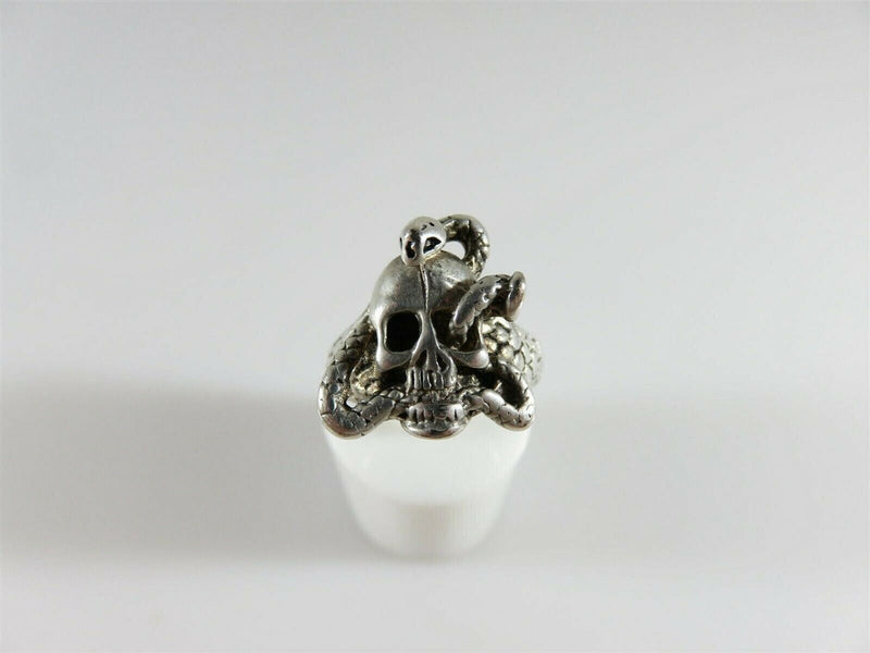 Silver Tone Artisan Signed Biker Skull Ring Size 6.75 Unisex Snake Skull Ring product image for Just Stuff I Sell, clear front view, neutral background, original listing photo, optimized descriptive alt text, centered composition variant 2