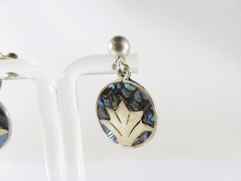 Figural Palm Leaf Disc Abalone & Sterling Taxco Mexico VKE Silver Screw Back Earrings product image for Just Stuff I Sell, clear front view, neutral background, original listing photo, optimized descriptive alt text, centered composition variant 3