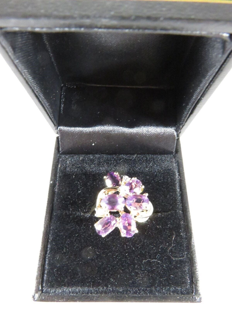 Vintage 14K Gold FL Amethyst Diamond Cluster Ring 7-Stone Split Shank Sz 6.75